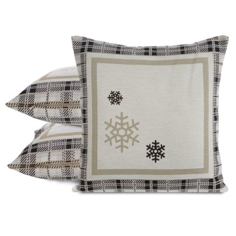 Poszewka na poduszkę 45x45 cm bawełniana, gobelinowa kolor naturalna z motywem kraty i złotych śnieżynek ANGEL