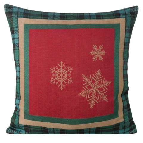 Poszewka na poduszkę 45x45 cm bawełniana, gobelinowa czerwona z motywem kraty i złotych śnieżynek CHERRY