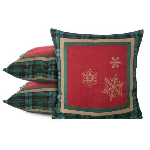 Poszewka na poduszkę 45x45 cm bawełniana, gobelinowa czerwona z motywem kraty i złotych śnieżynek CHERRY