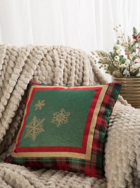 Poszewka na poduszkę 45x45 cm bawełniana, gobelinowa czerwona z motywem kraty i złotych śnieżynek CHERRY