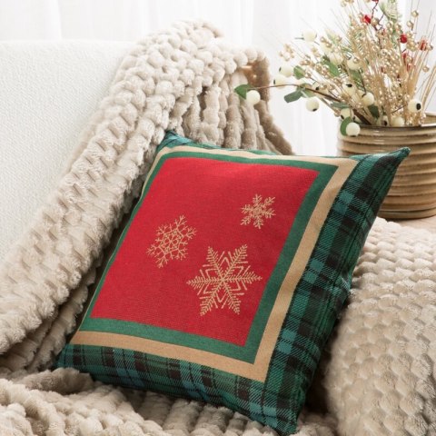 Poszewka na poduszkę 45x45 cm bawełniana, gobelinowa czerwona z motywem kraty i złotych śnieżynek CHERRY