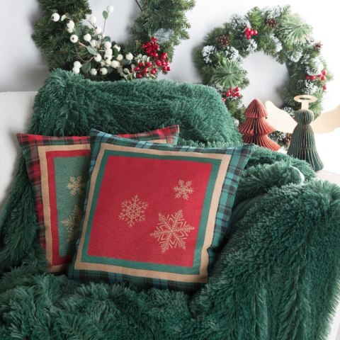 Poszewka na poduszkę 45x45 cm bawełniana, gobelinowa czerwona z motywem kraty i złotych śnieżynek CHERRY