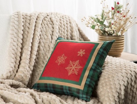 Poszewka na poduszkę 45x45 cm bawełniana, gobelinowa czerwona z motywem kraty i złotych śnieżynek CHERRY