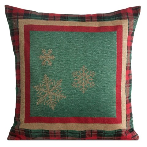 Poszewka na poduszkę 45x45 cm bawełniana, gobelinowa kolor zielony z motywem kraty i złotych śnieżynek STAR