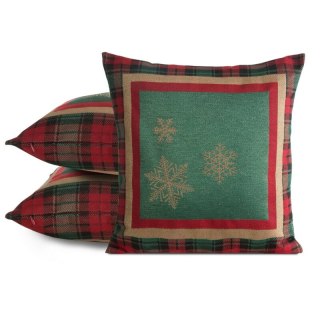 Poszewka na poduszkę 45x45 cm bawełniana, gobelinowa kolor zielony z motywem kraty i złotych śnieżynek STAR