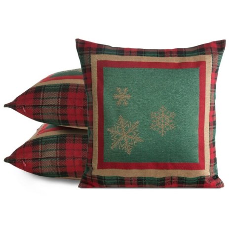 Poszewka na poduszkę 45x45 cm bawełniana, gobelinowa kolor zielony z motywem kraty i złotych śnieżynek STAR