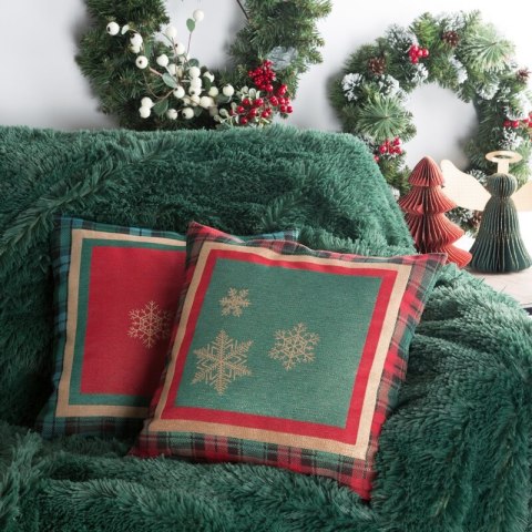 Poszewka na poduszkę 45x45 cm bawełniana, gobelinowa kolor zielony z motywem kraty i złotych śnieżynek STAR