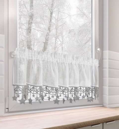 Zazdrostka biało, srebrna z etaminy zdobiona świątecznymi gwiazdkami 150x30 cm tunel - XMAS