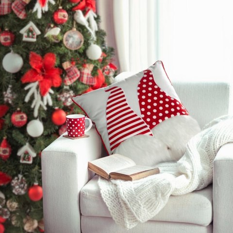 Poszewka na poduszkę świąteczna 45x45 cm biało, czerwona z uroczą aplikacją skrzatów