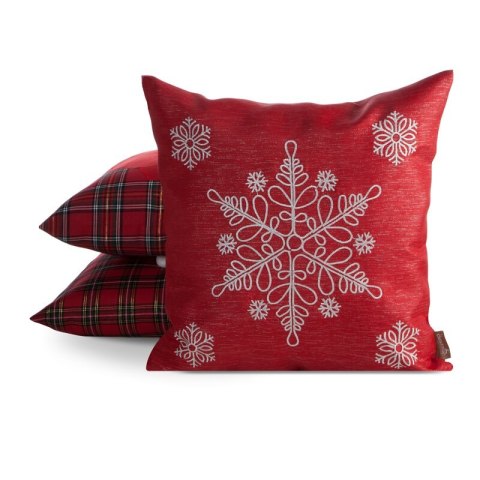 Poszewka na poduszkę świąteczna 45x45 cm czerwono, srebrna przetykana błyszczącą nicią i haftem śnieżynek