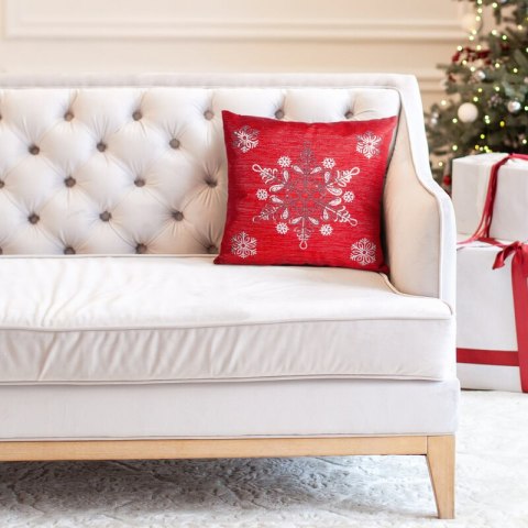 Poszewka na poduszkę świąteczna 45x45 cm czerwono, srebrna przetykana błyszczącą nicią i haftem śnieżynek