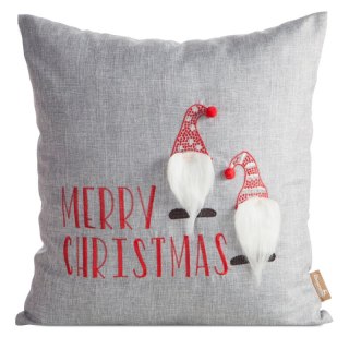 Poszewka na poduszkę świąteczna 45x45 cm srebrno, czerwona zdobiona aplikacja małych skrzatów