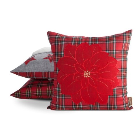 Poszewka na poduszkę świąteczna 45x45 cm czerwono, zielona w kratę i zdobiona haftem