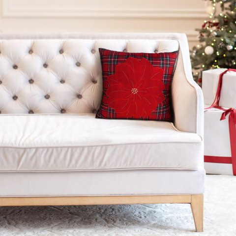 Poszewka na poduszkę świąteczna 45x45 cm czerwono, zielona w kratę i zdobiona haftem