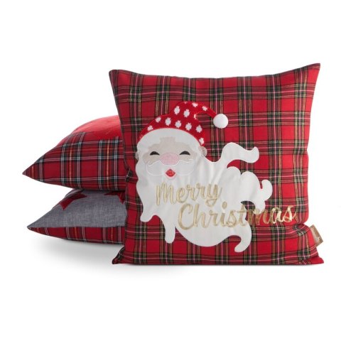 Poszewka na poduszkę świąteczna 45x45 cm czerwono, biała w kratę zdobiona haftem zabawnego Mikołaja