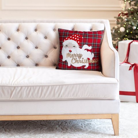 Poszewka na poduszkę świąteczna 45x45 cm czerwono, biała w kratę zdobiona haftem zabawnego Mikołaja