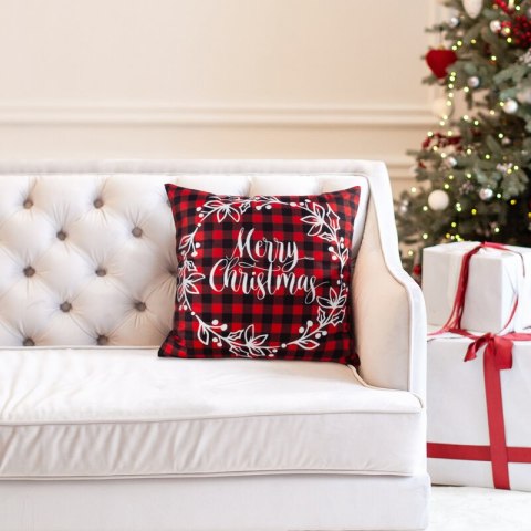 Poszewka na poduszkę 45x45 cm welwetowa czerwono, biała zdobiona świątecznym motywem