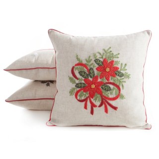 Poszewka na poduszkę świąteczna 45x45 cm o strukturze lnu czerwono, zielona zdobiona aplikacją