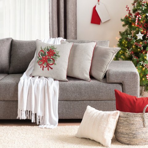 Poszewka na poduszkę świąteczna 45x45 cm o strukturze lnu czerwono, zielona zdobiona aplikacją