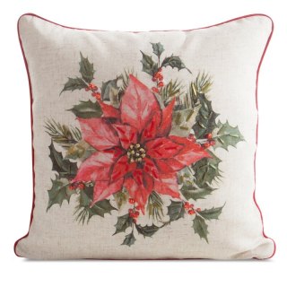 Poszewka na poduszkę świąteczna 45x45 cm o strukturze lnu beżowo, czerwona zdobiona nadrukiem gwiazdy betlejemskiej