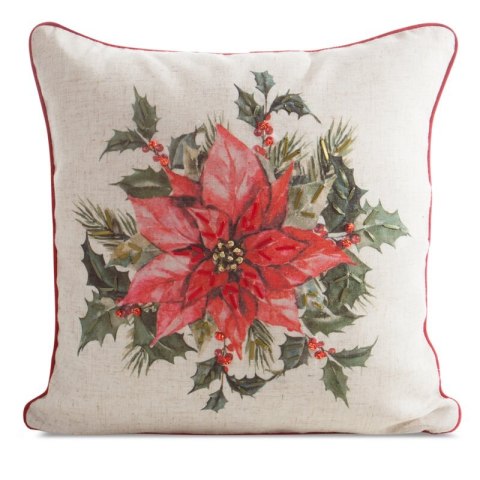 Poszewka na poduszkę świąteczna 45x45 cm o strukturze lnu beżowo, czerwona zdobiona nadrukiem gwiazdy betlejemskiej