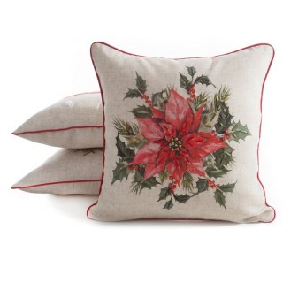 Poszewka na poduszkę świąteczna 45x45 cm o strukturze lnu beżowo, czerwona zdobiona nadrukiem gwiazdy betlejemskiej