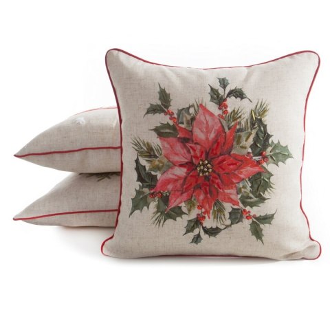 Poszewka na poduszkę świąteczna 45x45 cm o strukturze lnu beżowo, czerwona zdobiona nadrukiem gwiazdy betlejemskiej