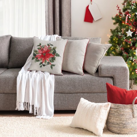 Poszewka na poduszkę świąteczna 45x45 cm o strukturze lnu beżowo, czerwona zdobiona nadrukiem gwiazdy betlejemskiej