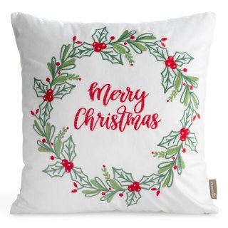 Poszewka na poduszkę świąteczna 45x45 cm welwetowa biało, zielona zdobiona haftem