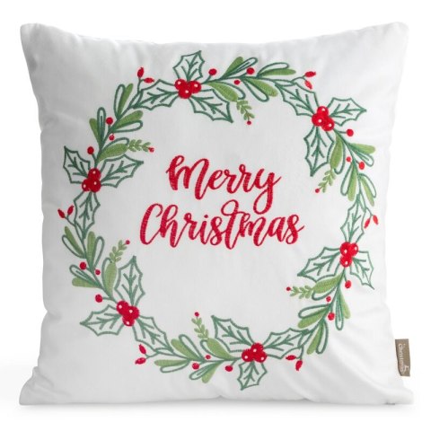 Poszewka na poduszkę świąteczna 45x45 cm welwetowa biało, zielona zdobiona haftem