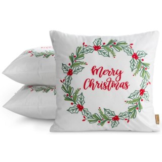 Poszewka na poduszkę świąteczna 45x45 cm welwetowa biało, zielona zdobiona haftem