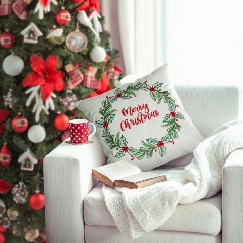 Poszewka na poduszkę świąteczna 45x45 cm welwetowa biało, zielona zdobiona haftem