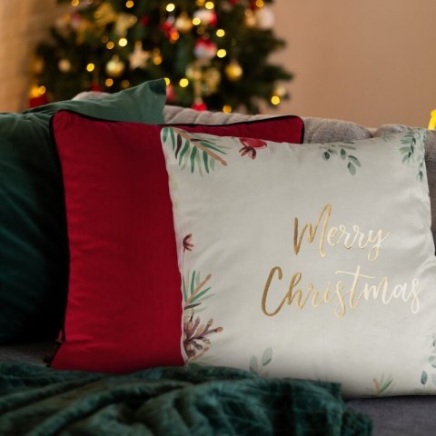 Poszewka na poduszkę świąteczna 45x45 cm welwetowa biało, zielona zdobiona nadrukiem