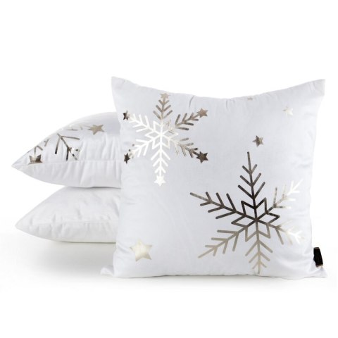 Poszewka na poduszkę świąteczna 45x45 cm welwetowa biała zdobiona nadrukiem szampańskich śnieżynek