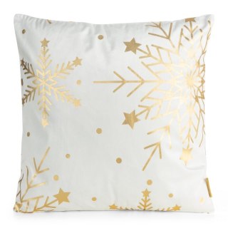 Poszewka na poduszkę świąteczna 45x45 cm welwetowa biała zdobiona nadrukiem szampańskich śnieżynek