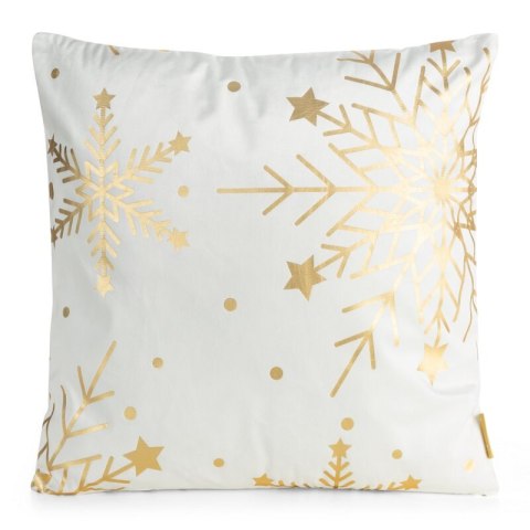 Poszewka na poduszkę świąteczna 45x45 cm welwetowa biała zdobiona nadrukiem szampańskich śnieżynek