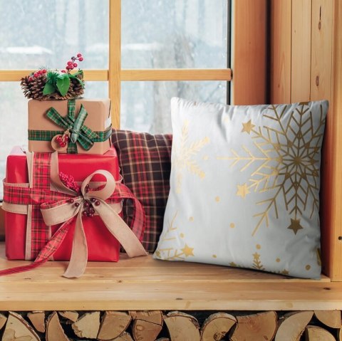 Poszewka na poduszkę świąteczna 45x45 cm welwetowa biała zdobiona nadrukiem szampańskich śnieżynek