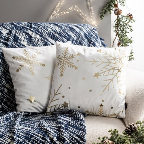 Poszewka na poduszkę świąteczna 45x45 cm welwetowa biała zdobiona nadrukiem szampańskich śnieżynek