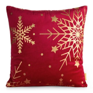 Poszewka na poduszkę świąteczna 45x45 cm welwetowa czerwona z uroczek nadrukiem szampańskich śnieżynek