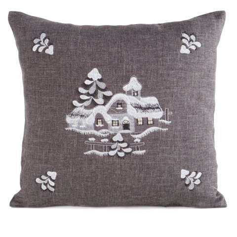 Poszewka na poduszkę świąteczna 45x45 cm stalowo, srebrna o naturalnym splocie z haftowaną aplikacją