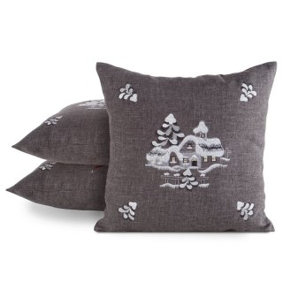 Poszewka na poduszkę świąteczna 45x45 cm stalowo, srebrna o naturalnym splocie z haftowaną aplikacją