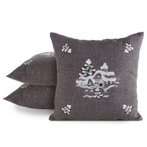 Poszewka na poduszkę świąteczna 45x45 cm stalowo, srebrna o naturalnym splocie z haftowaną aplikacją