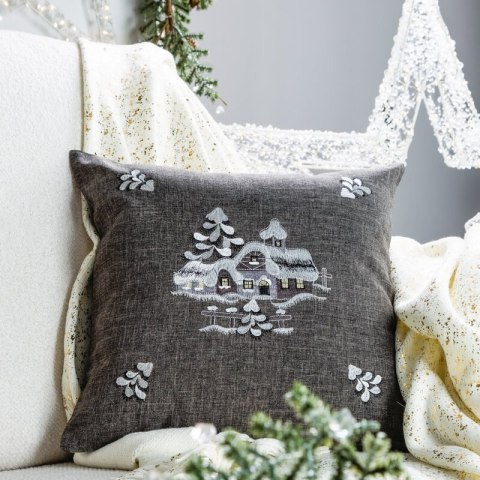 Poszewka na poduszkę świąteczna 45x45 cm stalowo, srebrna o naturalnym splocie z haftowaną aplikacją
