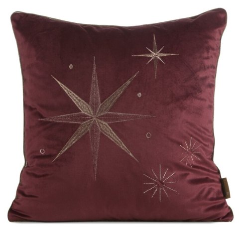 Poszewka na poduszkę świąteczna 45x45 cm welwetowa bordowo, szampańska zdobiona haftem z motywem gwiazd