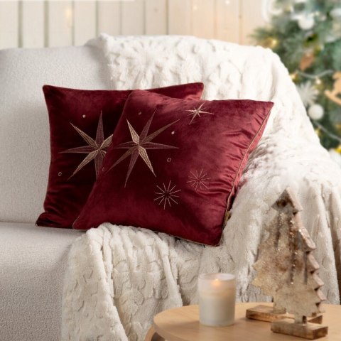 Poszewka na poduszkę świąteczna 45x45 cm welwetowa bordowo, szampańska zdobiona haftem z motywem gwiazd