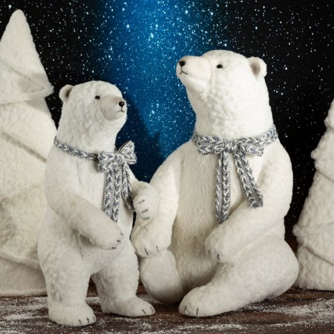 Duża figurka świąteczna dekoracyjna NIEDŹWIEDZ w plecionym szaliku z lśniącymi drobinkami