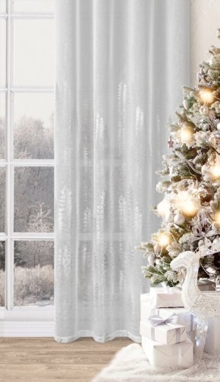 Firana świąteczna biało, srebrna zdobiona subtelnymi choinkami 140x250 cm przelotka - ELSA