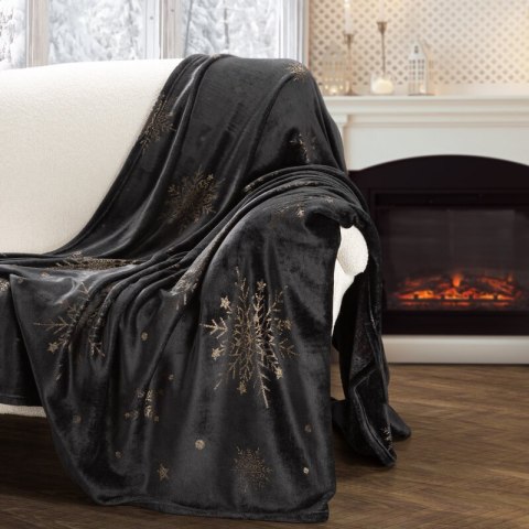 Koc świąteczny 150x200 cm czarno, złoty zdobiony nadrukiem śnieżynek