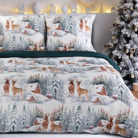 Pościel świąteczna 160x200 cm kolor biały, zielony zdobiona nadrukiem krajobrazu zimowego FAIRYLAND