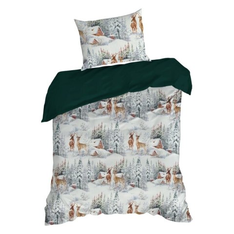 Pościel świąteczna 160x200 cm kolor biały, zielony zdobiona nadrukiem krajobrazu zimowego FAIRYLAND